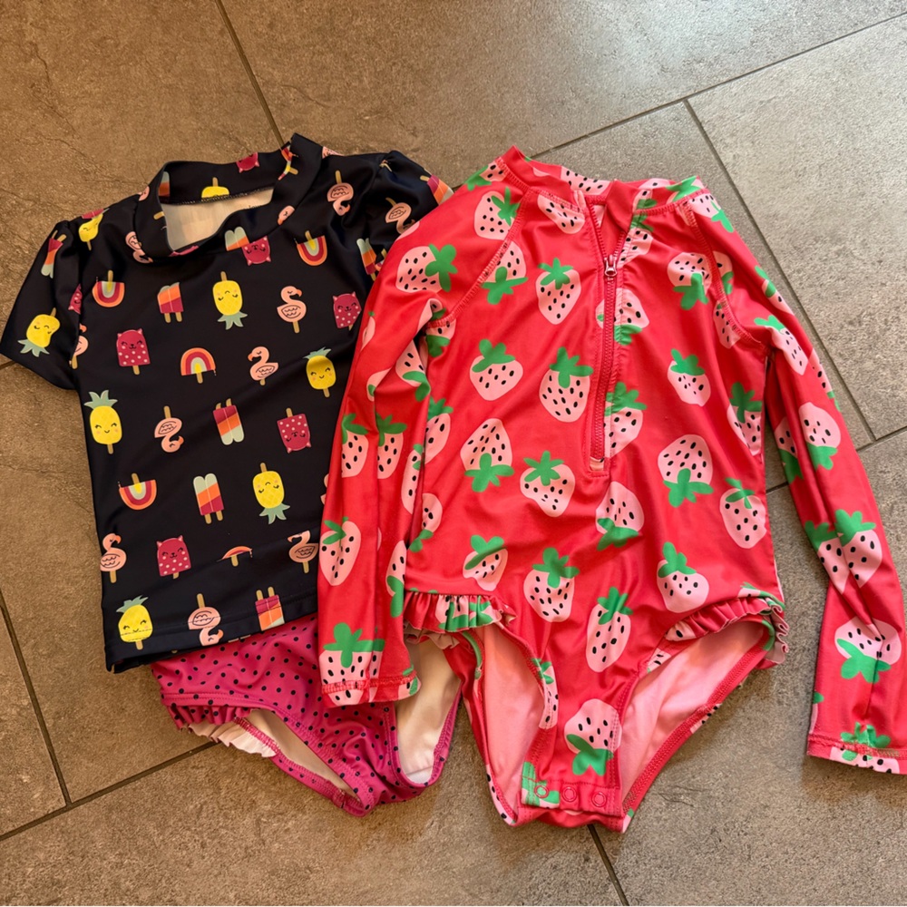 Girls Strawberry Pink Long-Sleeve bathing suit & Navy two piece bathing suit